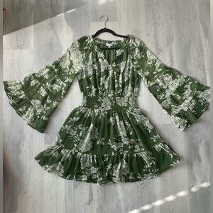 Green and white floral print free-people inspired dress with princess sleeves